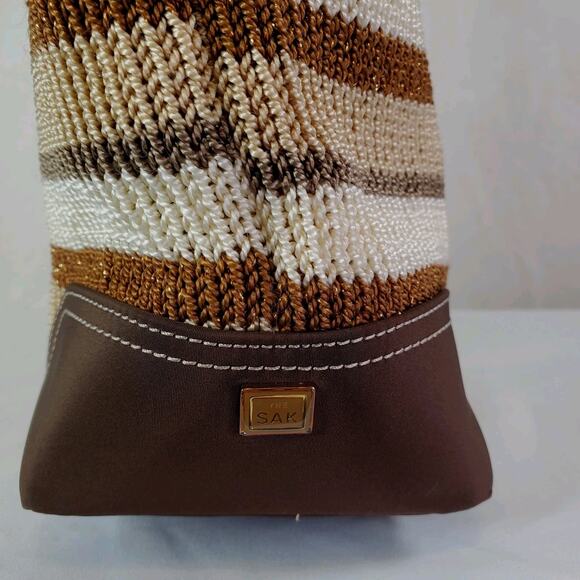 The SAK Beige Brown Stripe Crochet Shoulder Bag Purse Double Handle Satchel - Picture 7 of 16